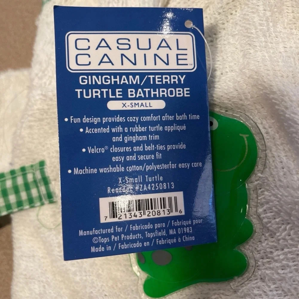 Casual Canine White Bathrobe with Green Turtle for extra small dogs